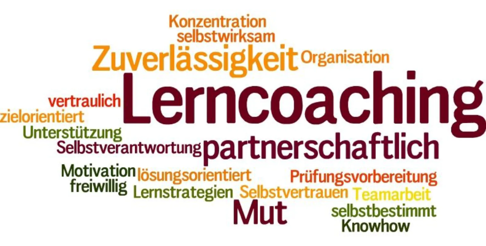 Wortwolke Lerncoaching: Zuverlässigkeit, Motivation, Selbstvertrauen, Lernstrategien